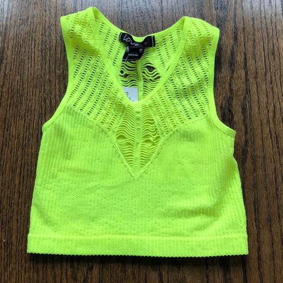 3/$20 Neon Yellow Cut-Out Stretch Ribbed Crop-Top - Picture 1 of 6